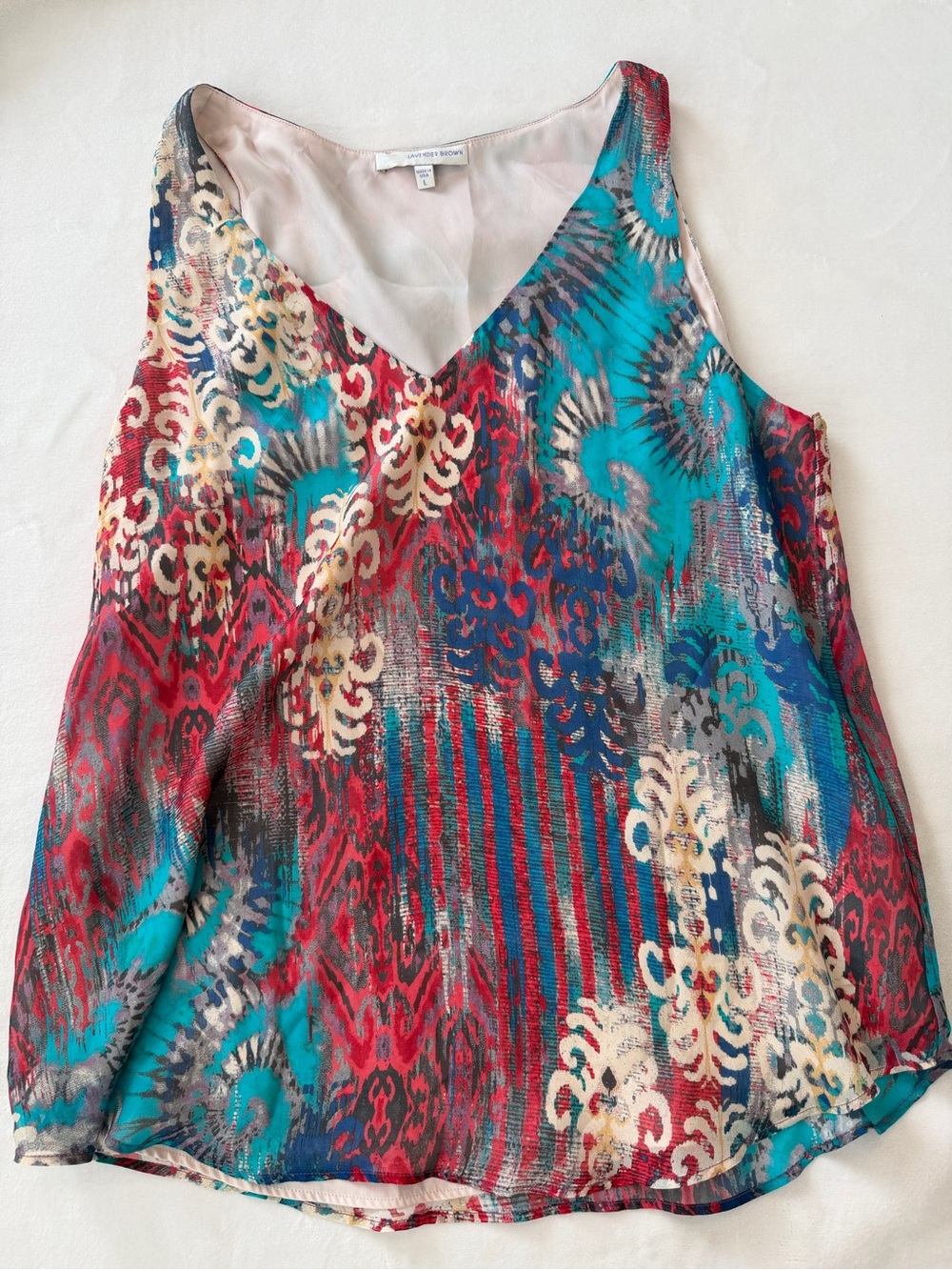 Lavender Brown Silk Blend Sleeveless Blouse Ikat Boho Tank Top Made USA L